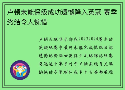 卢顿未能保级成功遗憾降入英冠 赛季终结令人惋惜